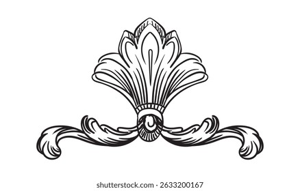 Symmetric hand drawing scroll floral ornament design element. Vintage damask, baroque filigree wedding art. Engraving retro pattern. Vector illustration. For decoration, cards, invitation