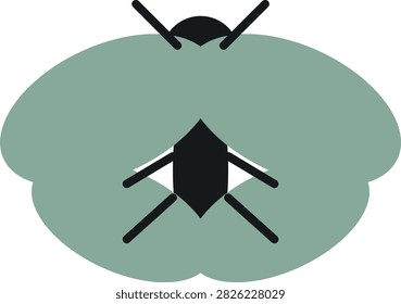 Symmetric insect graphic with muted green wing segments. Black carapace detail. Minimalist bug illustration for natural branding.