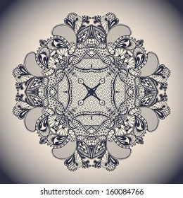 Symmetric lace snowflake. Realistic lacy napkin. Vector background. Eps 8