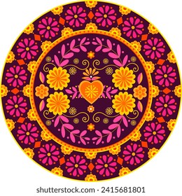 Symmetrisches Mandala mit mexikanischen Blumenmotiven. Valentinstag-Thema des 14. Februar