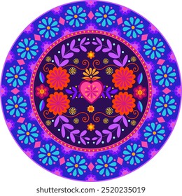 Symmetric mandala with Mexican floral motifs. Valentine's day theme. Use for print, wall art, digital design, calendars, postcard, greeting, cover
for diaries, notebook.  Hispanic