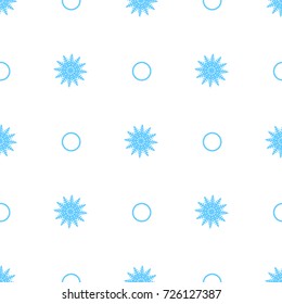 Symmetric minimalistic seamless pattern of snowflakes and circles on a white 

background. Design in blue color. Vector illustration