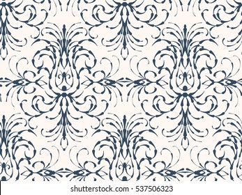 Symmetric monochrome seamless pattern. Black lacy drawing on a white background. Vector illustration
