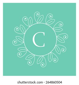 symmetric monogram. Contains elements sheets, lines, spirals, intersection circle point. In the center of the letter C.