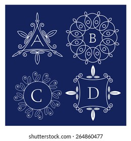 Ã�Â«et of symmetric monograms. Contains elements sheets, lines, spirals, intersection circle point. 4 different monogram with the letters A, B, C, D.
