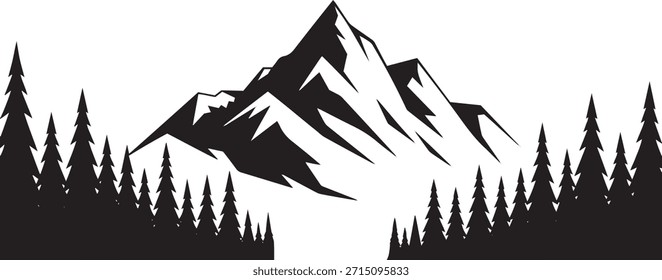 Symmetric mountain peak view and river vector silhouette with Pine tree. Dramatic, jagged mountain peak rising above a winding river path, evergreen forest. Adventure themed apparel.