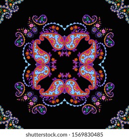 Symmetric ornament with colorful paisley elements on black background. Bright ceramic tile.