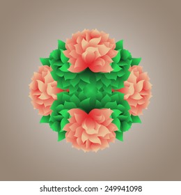 The symmetric pattern of bright pink peonies and green leaves.