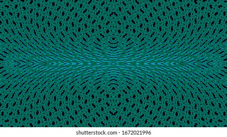Patrón simétrico de líneas curvas verdes y óvalos en un fondo negro.