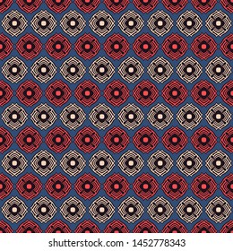 Symmetric pattern of multicolored geometric striped flowers. Seamless vector background illustration.