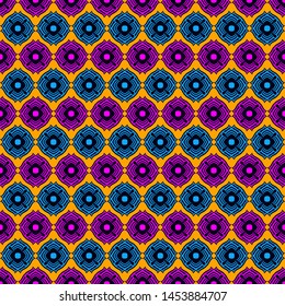 Symmetric pattern of multicolored geometric striped flowers. Seamless vector background illustration.