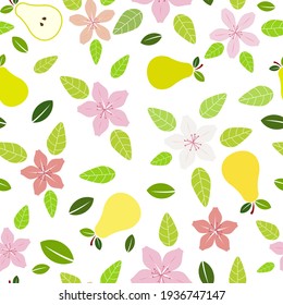 Symmetric pink lilies and yellow and green pear, flat vector illustration over white, saturated background seamless pattern