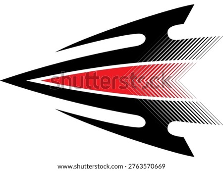 Symmetric Red Black Sharp Dynamic Vector Sport Pattern on White Background for Car Body, Boat, Moto, Sportswear, Toy, Helmet. Racing Striped Design Element. Modern Vector Background. Arrow. Sharp Claw. Striped Halftone from Lines