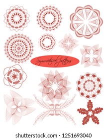 symmetric red tracery patterns in the shape of a mandala