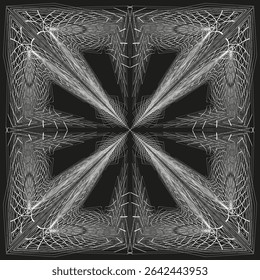 Symmetric ripple pattern. Abstract Vector reflection. Kaleidoscope optical illusion. Intricate monochrome graphic.
