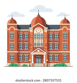 A symmetric school facade features a prominent central clock tower with brown domes and red brick walls. Multiple glass windows line the exterior, complemented by green bushes at the entrance and soft clouds in the sky.
