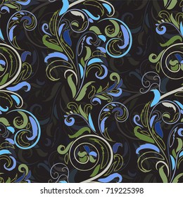 Symmetric seamless blue and green pattern. Decorative background in Baroque style. The rich decor of the shapes and lines for design of cloth or paper. Vector illustration.