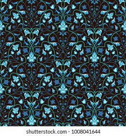 Symmetric seamless blue pattern. Decorative background in arabic style. The rich decor of the shapes and lines for design of cloth or paper. Vector illustration.