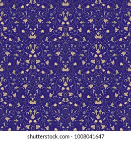 Symmetric seamless blue pattern. Decorative background in arabic style. The rich decor of the shapes and lines for design of cloth or paper. Vector illustration.