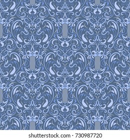 Symmetric seamless blue pattern. Decorative background in Baroque style. The rich decor of the shapes and lines for design of cloth or paper. Vector illustration.