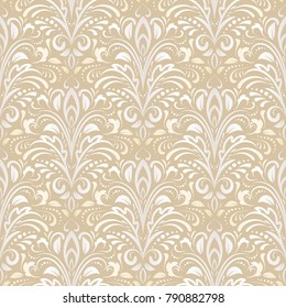 Symmetric seamless golden pattern. Decorative background in Baroque style. The rich decor of the shapes and lines for design of cloth or paper. Vector illustration.