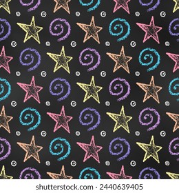 Symmetric Seamless Grunge Pattern of Chalk Drawn Sketches Stars and Spirals on Dark Blackboard. Starry Space Print. Continuous Background of Realistic Crayon-Drawn Stars on Chalkboard Backdrop.