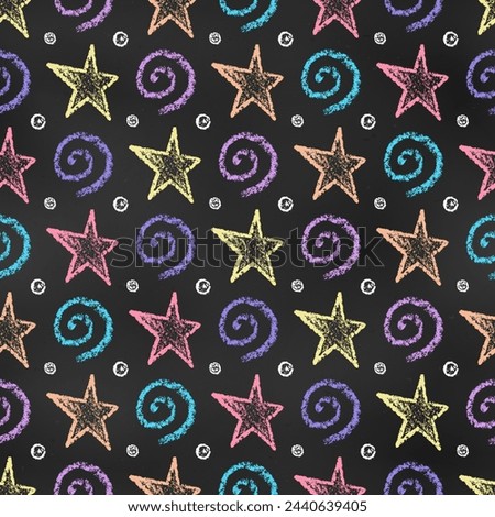 Symmetric Seamless Grunge Pattern of Chalk Drawn Sketches Stars and Spirals on Dark Blackboard. Starry Space Print. Continuous Background of Realistic Crayon-Drawn Stars on Chalkboard Backdrop.