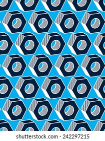 Symmetric seamless pattern with 3d industrial nuts for use with bolts, manufacturing parts wallpaper. Detailed high quality three-dimensional technical parts.