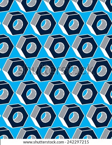 Symmetric seamless pattern with 3d industrial nuts for use with bolts, manufacturing parts wallpaper. Detailed high quality three-dimensional technical parts.