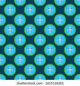 Symmetric seamless pattern of an aviation compass on a dark blue background. Flat vector illustration.