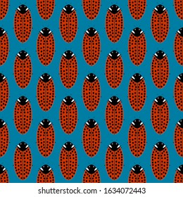 Symmetric seamless pattern of cute red ladybugs looking up on a blue background. Flat vector illustration.