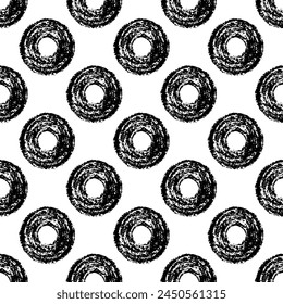 Symmetric Seamless Pattern of Hand-Drawn Black Circles on White Background. Style of Children's Drawing. Monochrome Textural Continuous Background with Radial Figures for Universal Application.