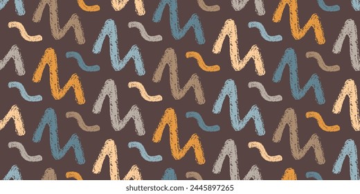Symmetrisches nahtloses Muster aus handgezeichneten blauen, braunen und gelben Zickzack-Kritzeln. Stil der Kinderzeichnung. Kontinuierlicher Hintergrund für universelle Anwendung.