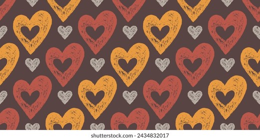 Symmetric Seamless Pattern of Hand-Drawn Red and Yellow Hearts on Brown Background. Style of Children's Drawing. Continuous Background with Romantic Symbols for Universal Application.