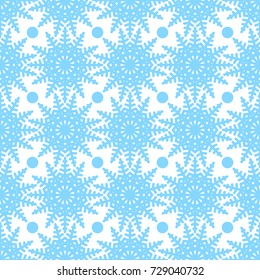 Symmetric  seamless pattern of snowflakes and circles on a white background. Design in blue color. Vector illustration