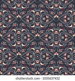 Symmetric seamless violet pattern. Decorative background in arabic style. The rich decor of the shapes and lines for design of cloth or paper. Vector illustration.