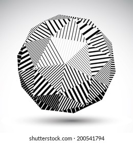 Symmetric spherical 3D vector technology illustration, perspective geometric striped orb, monochrome futuristic template with parallel lines. 