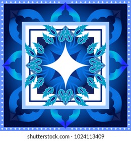 Symmetric squared geometric pattern with Turkish art motifs. Arabesque ornament and wildflowers on indigo background. Oriental collection.