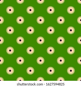 Symmetric sunflower seamless pattern on a green background. Flat vector illustration.