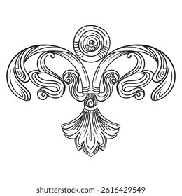 Symmetric swirl decorative design element. Vintage damask, baroque filigree wedding scroll floral ornament. Engraving retro pattern. Vector illustration. For decoration, cards, invitation