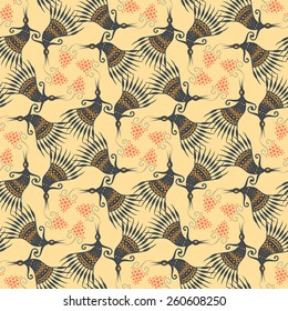 symmetric vector seamless pattern, birds and berries