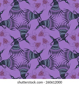 symmetric vector seamless pattern, birds and grapes