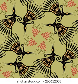 symmetric vector seamless pattern, birds and raspberry