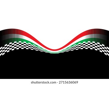 Symmetrische Vektor Sport Muster im Stil einer karierten Flagge. Pixelwelle. Geteilter Vektorhintergrund für Cover, Werbung, Poster. Auto-Rennen. Wettbewerb. Rot-weiß-grünes Band. Geschwindigkeit