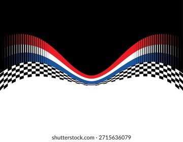 Patrón deportivo de Vector simétrico en el estilo de una bandera a cuadros. Ola de píxeles. Fondo de Vector dividido para cubiertas, publicidad, carteles. Carreras automáticas. Competencia. Cinta rojo-blanco-azul. Velocidad