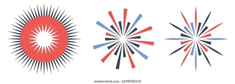 Vetor simétrico starburst, raios vívidos em tricolor, padrão solar rotativo, sotaques fogos de artifício dinâmicos, elementos de celebração, isolado