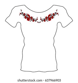 Symmetric vintage decoration for T shirt. Color  bouquet of flowers (poppies) red and grey tones. Ukrainian embroidery elements.  