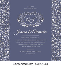 Symmetric wedding invitation with floral damask pattern and stylized monogram template. An invite card in pastel colors. Classic background
