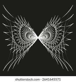 Symmetric wing illusion. Optical line structure. White on black vector. Abstract curved shape.