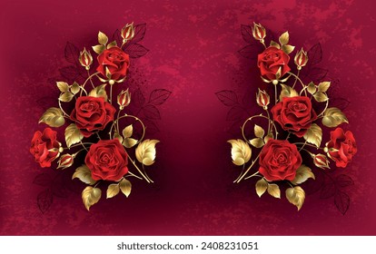 Symmetrica composition of artistically drawn, golden, intertwined, shiny roses with jewelry leaves and stems on red textured background. Golden red Rose. Hand drawn vector art.